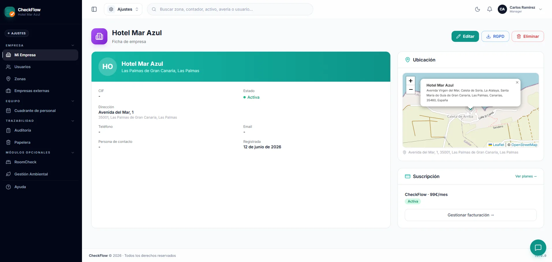 Mi Empresa · datos del hotel