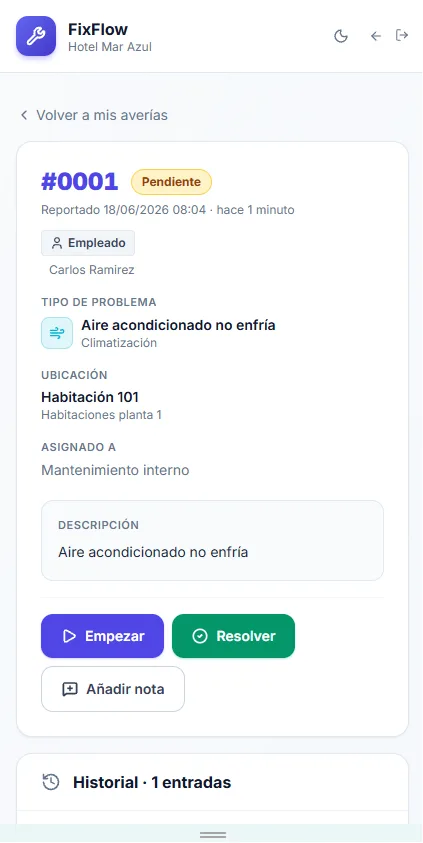 Ficha de avería · estado y acciones