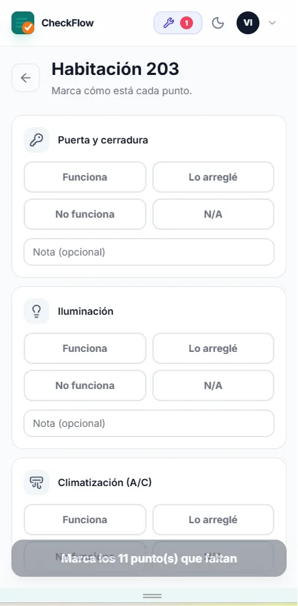 RoomCheck · revisión de habitación