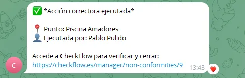 Notificación de CheckFlow en Telegram: acción correctora ejecutada en Piscina Amadores por Pablo Pulido